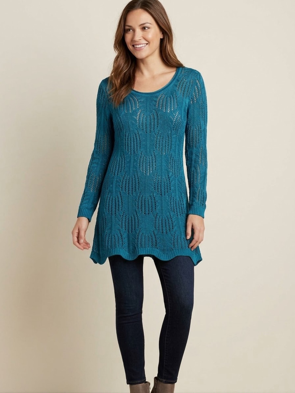SIONI Pointelle Open Knit Long Sleeve Tunic Sweater Flare Hem Scoop Neck